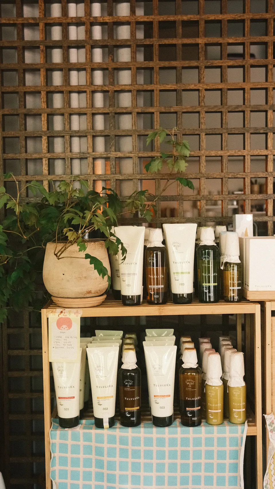 整齐陈列在木架上的护发产品